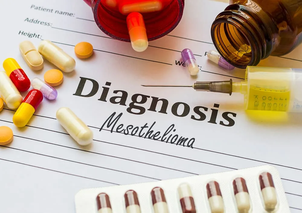 Medical concept of Mesothelioma diagnosis written on a white paper with medication injection, syringe, and pills for treatment.