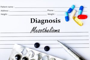 "Mesothelioma - Diagnosis" written on a piece of white paper, accompanied by medication and pills.