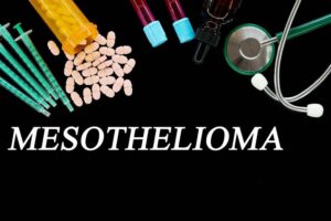 Mesothelioma text on a medical background with pills and syringes, illustrating the concept of human disease.