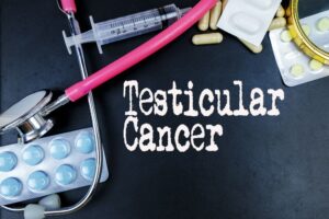 Testicular cancer medical terminology and concepts, with a focus on blackboard illustrations and medical equipment.