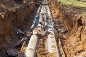 Aging pipes covered with asbestos insulation, posing potential health risks due to the deterioration and possible release of harmful asbestos fibers.